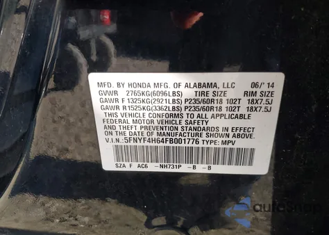 2015 Honda Pilot Ex-L из США, поврежденный, VIN 5FNYF4H64FB001776